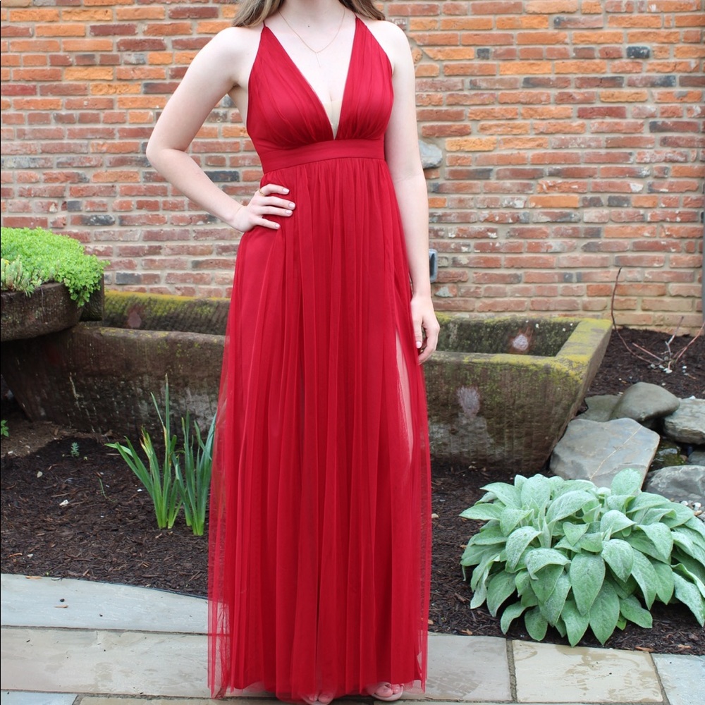 Red Chiffon Open Back Prom Dress